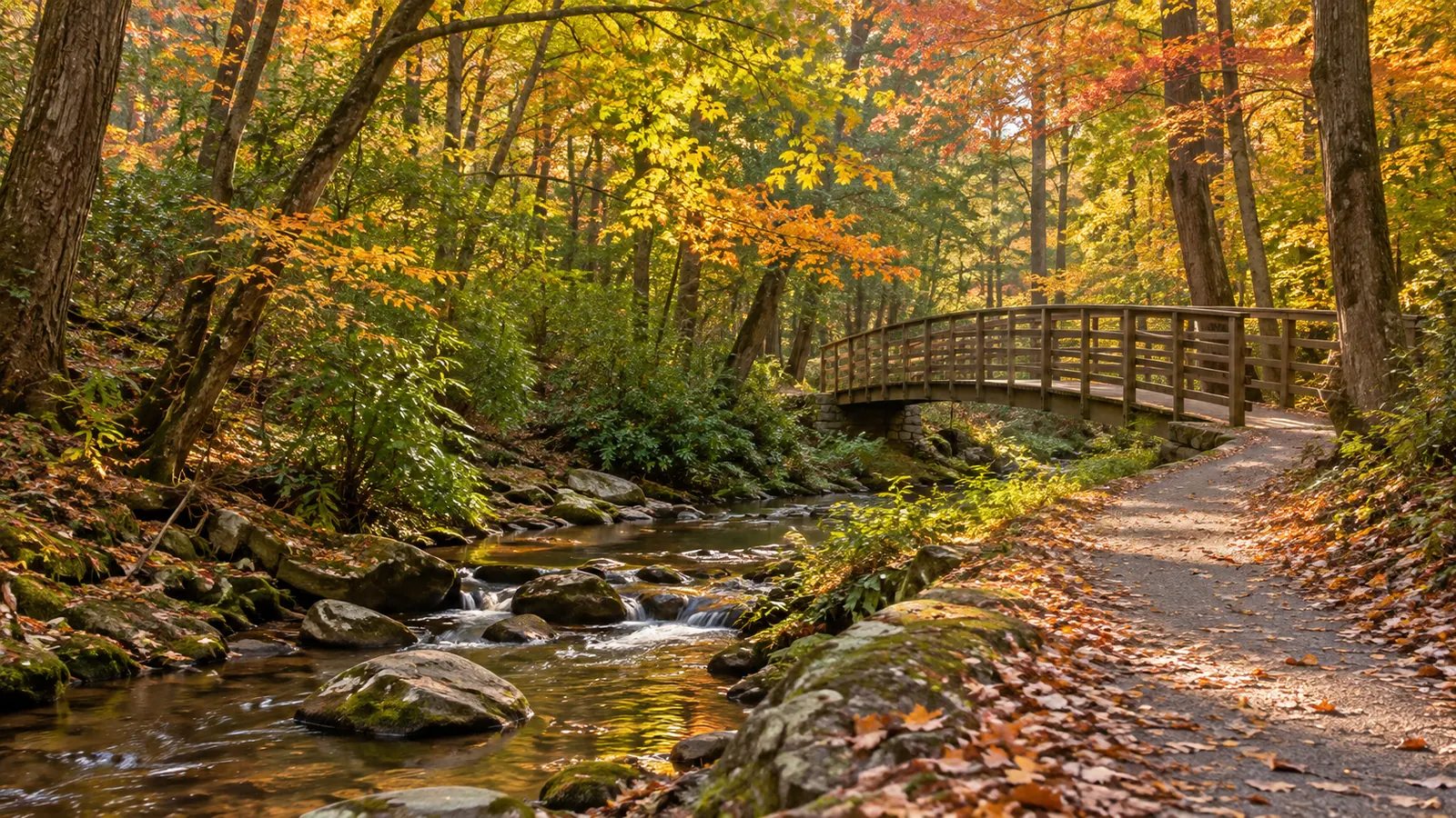 A quiet greenway path along a creek through hardwood forest, wooden footbridge ahead, fall colors