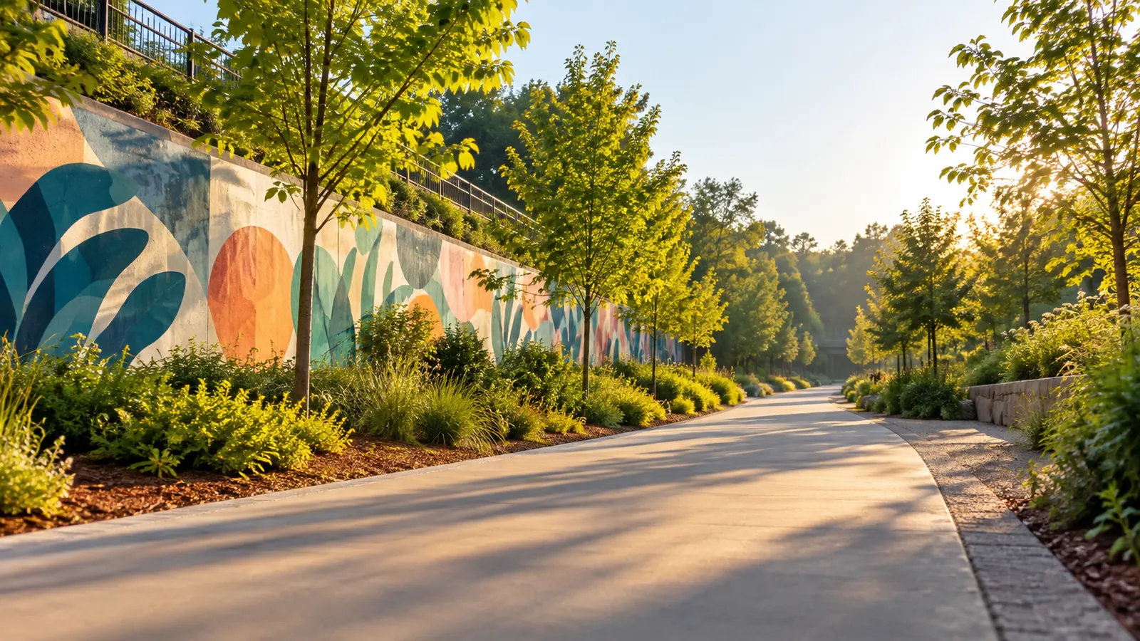A wide paved multi-use trail lined with young trees, murals of abstract shapes and patterns with no letters, morning sun
