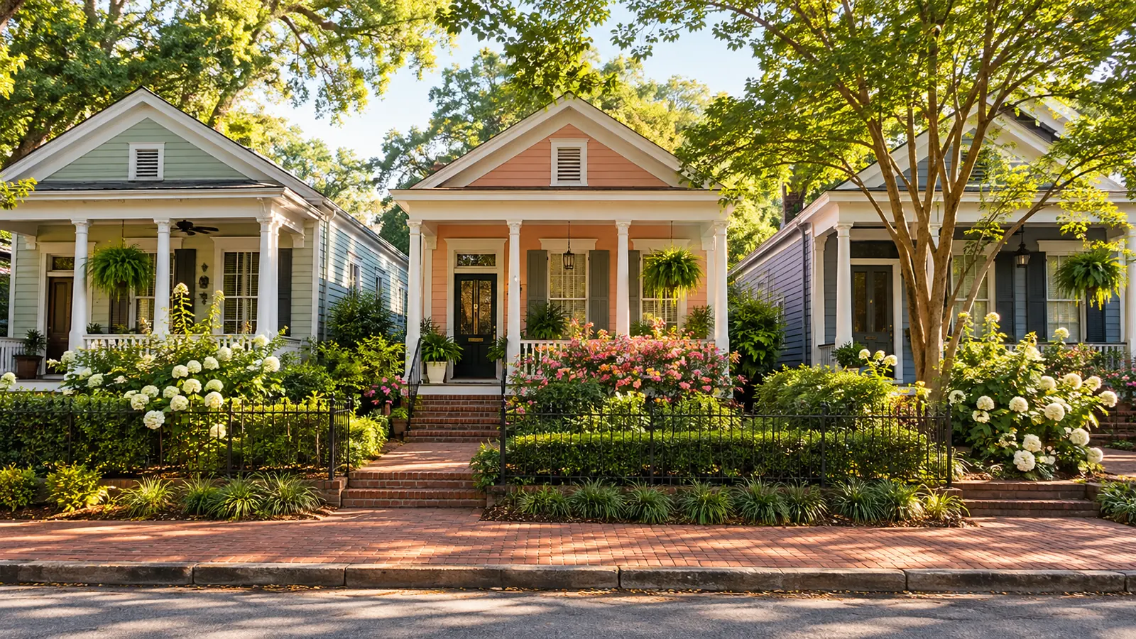 A row of colorful restored shotgun-style houses with small front gardens, a brick sidewalk in front, morning light