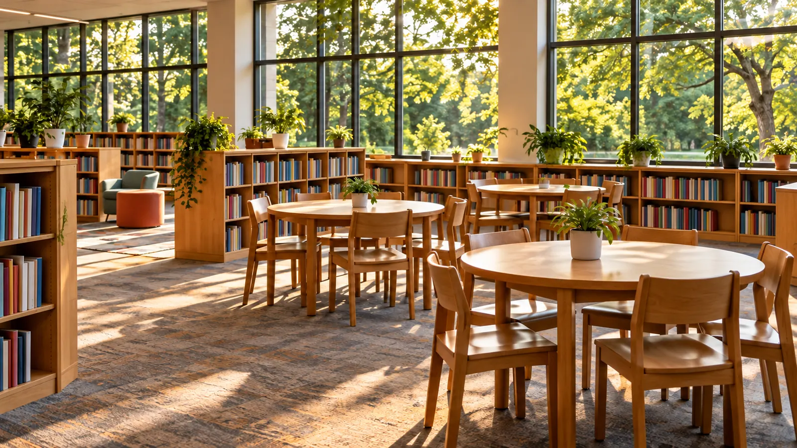 An empty school library with low wooden shelves, round tables and big windows onto green trees, afternoon light