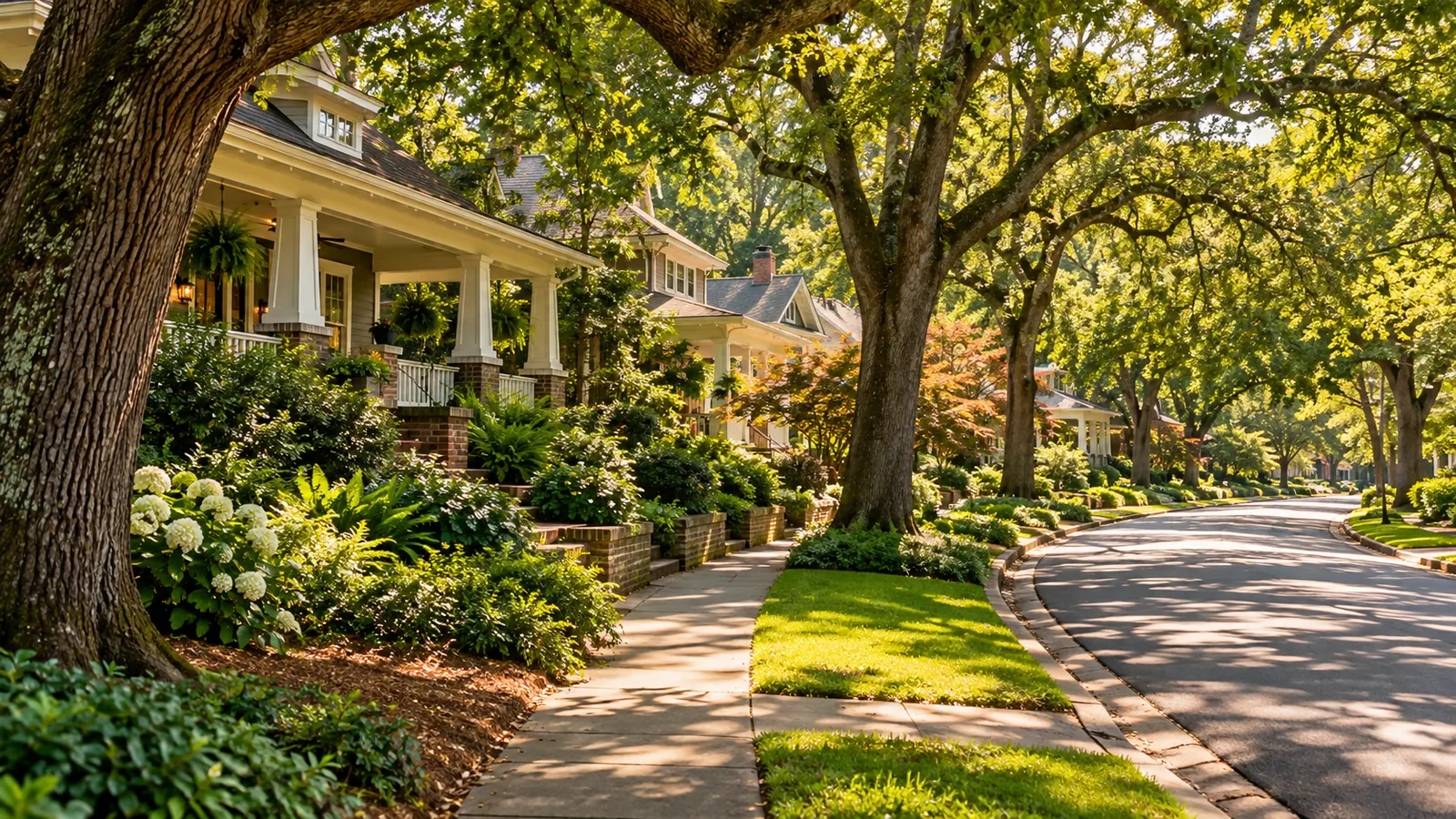 A winding residential street under huge old oak trees with dappled light on craftsman bungalows and wide porches