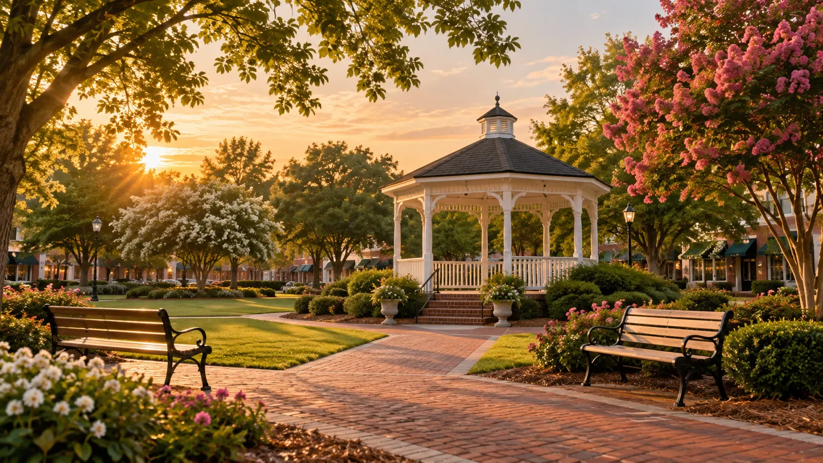 A small-town square with a white gazebo, benches and flowering trees, empty and peaceful at golden hour