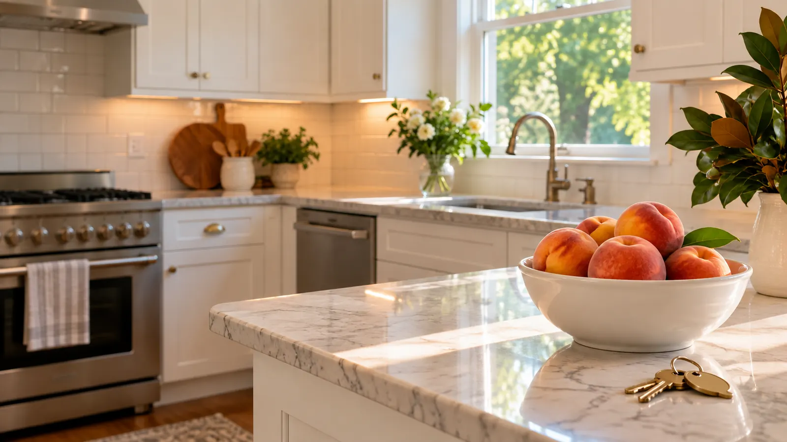 An empty, freshly cleaned apartment kitchen with white cabinets, a bowl of peaches on the counter and keys beside it