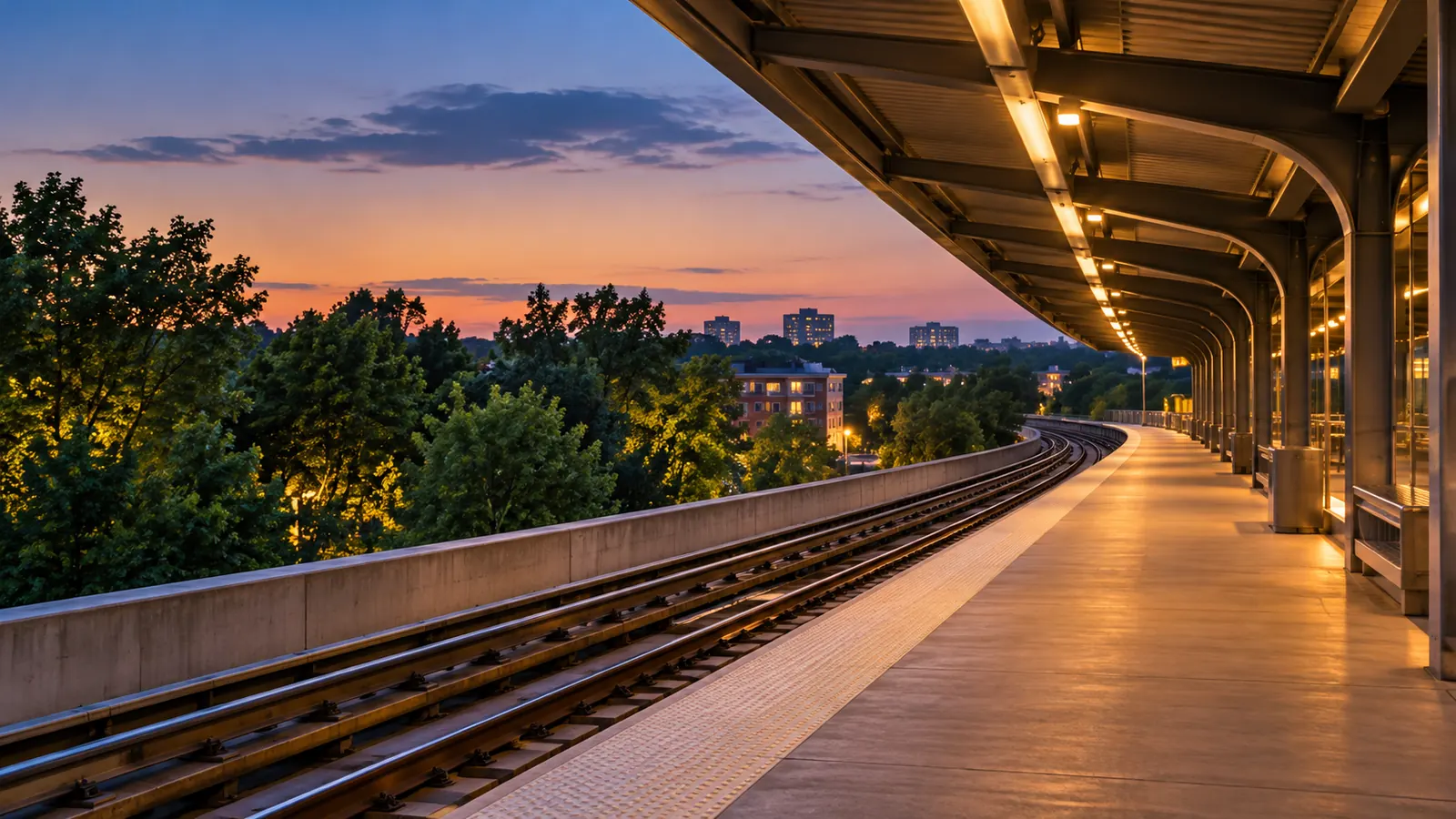 An empty elevated rail platform with a long canopy curving into the distance, trees beyond, blue hour lights coming on